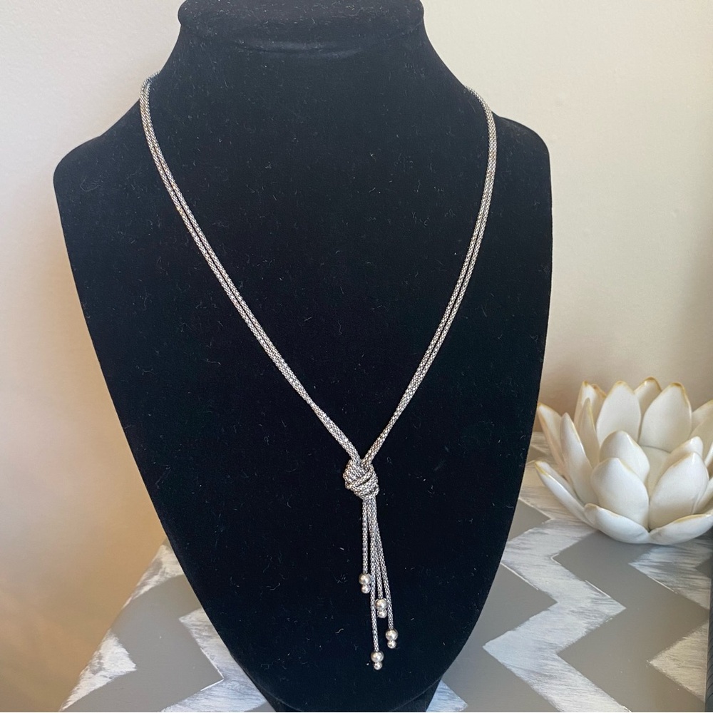 Sterling Silver Double Chain Diamond Cut Knot Necklace - Picture 6 of 11
